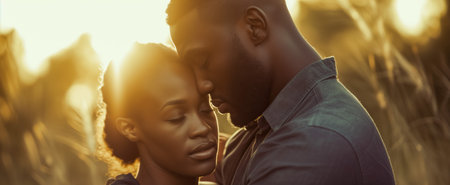 Close-up of a serene African-American couple embracing tenderly at golden hourの素材