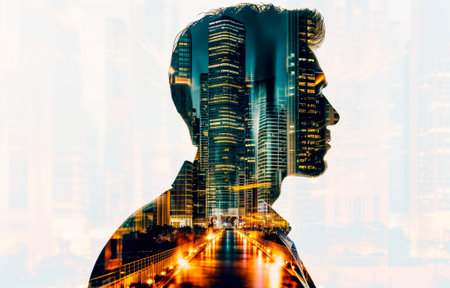 Silhouette of a man overlaid with a bustling cityscape at duskの素材
