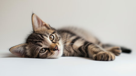 A young tabby kitten gazes lazily while resting on a plain white surfaceの素材