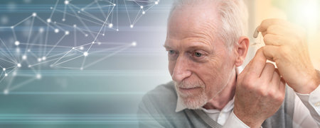Senior man putting hearing aids; panoramic banner