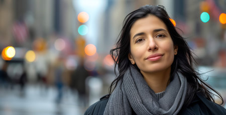 Charming young woman with black hair wearing scarf in urban settingの素材
