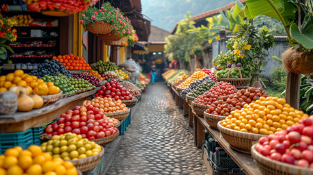 Vibrant display of fresh fruits at a rustic local street marketの素材
