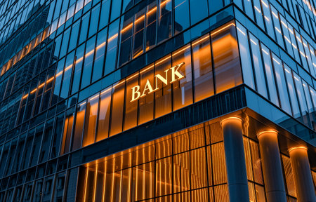 Close-up of a modern bank's exterior with neon signage and warm indoor lightingの素材