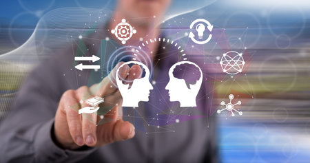 Man touching a knowledge sharing concept on a touch screen with his finger