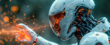 Close-up of a futuristic robot with intricate design and orange illuminationの素材