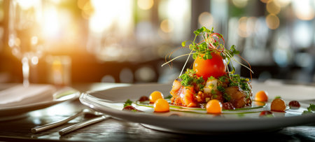 Elegant fine dining tomato and microgreens composition on white plate, warm ambianceの素材