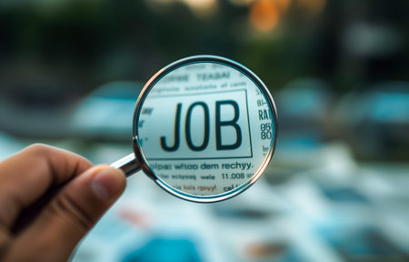 Hand holding magnifying glass over job section in newspaperの素材