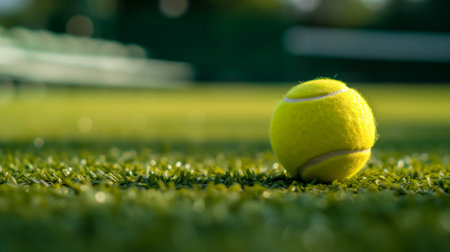 Close-up of a tennis ball on green grass with morning dew, soft focus backgroundの素材