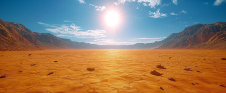 Intense sunlight floods an expansive orange desert with striking mountain formationsの素材
