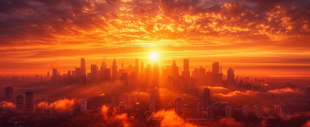 The sun rises, casting a fiery glow over a mist-covered urban skylineの素材