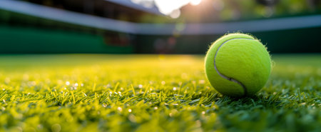 A vibrant tennis ball remains on a lush grass court bathed in morning dew and golden sunlightの素材