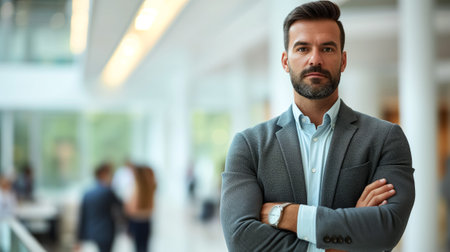Mature man in suit with arms crossed looking serious in an officeの素材