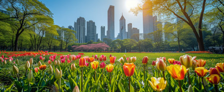 Warm sunlight bathes a vibrant display of red and yellow tulips in a bustling city parkの素材
