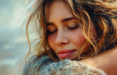 Close-up of a young woman with eyes closed, surrounded by soft sunlight and natureの素材