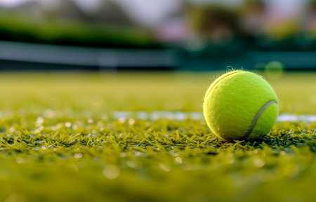 Vibrant yellow tennis ball resting on a lush green court, with a soft-focus backdropの素材
