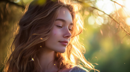 Close-up of a serene young woman with gentle sun-kissed hair during the calming golden hourの素材
