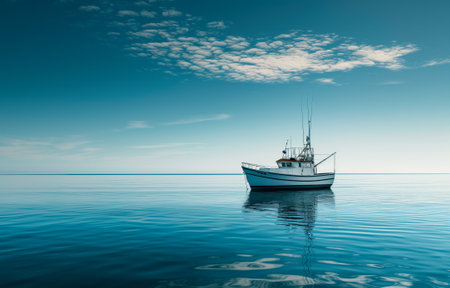 A single fishing boat floats on the calm blue ocean, beneath a sky dotted with cloudsの素材