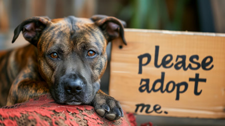 Brindle-coated dog rests chin, pleaseの素材