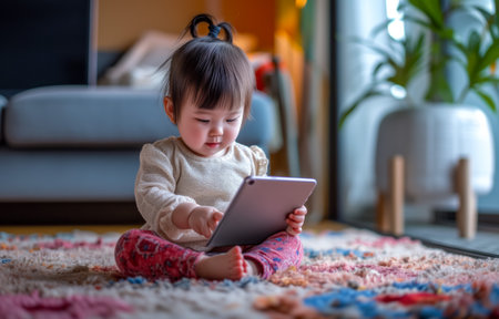 Concentrated young child using a digital tablet in a cozy home setting with playful decorの素材