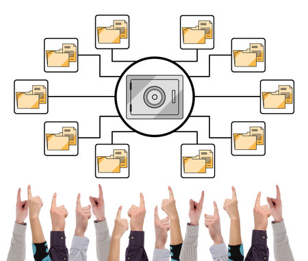 Data security concept on white background pointed by several fingersの写真素材