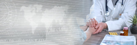 Doctor holding patient hand for encouragement; panoramic banner