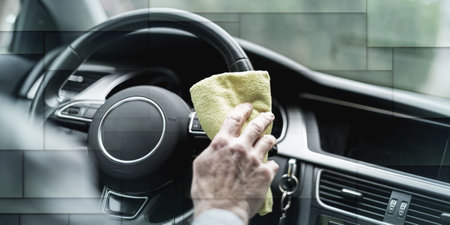 Man cleaning the steering wheel of his car, geometric patternの写真素材