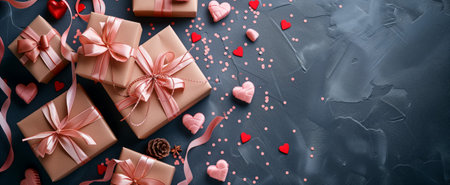 Pink satin ribbons on brown gift boxes with heart-shaped confetti on dark backgroundの素材