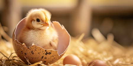 Adorable newborn chick inside broken eggshell, surrounded by straw, golden lightの素材