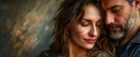 A woman and man share a tender moment, exuding warmth and affection in a close embraceの素材