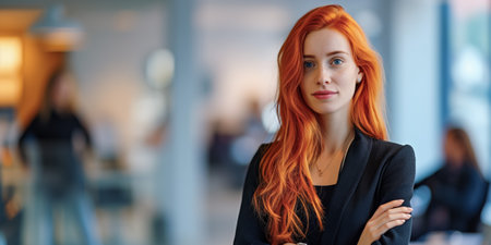 Young caucasian woman with striking red hair, poised in a business settingの素材