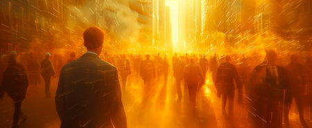 An artistic representation of city commuters enveloped in a dynamic, golden-hued light, evoking a sense of motion and energyの素材