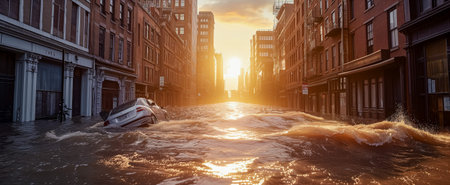 Dramatic urban flood scene with submerged car on a sunlit flooded street at sunsetの素材