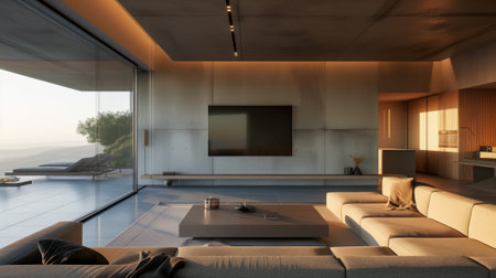 Modern living room with panoramic views, minimalist design, and cozy furniture, highlighting contemporary eleganceの素材
