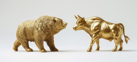 Golden bear and bull statues symbolizing stock market trends and investment conceptsの素材