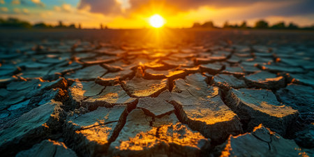 Cracked, dry soil during sunset, highlighting the effects of drought and environmental changeの素材