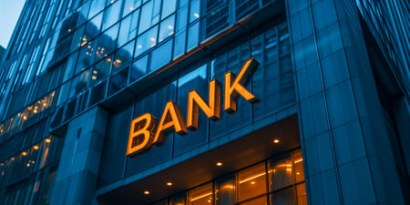 A corporate bank building with an illuminated sign in the evening, set in a modern cityscapeの素材