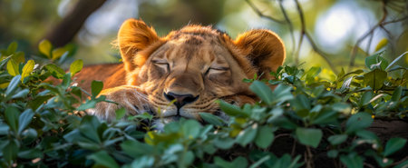 A peaceful sleeping lion cub nestled among lush green leaves in the wildernessの素材