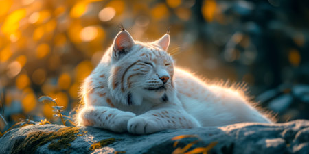 Lynx peacefully resting on a rock, basking in warm golden sunlight during sunsetの素材