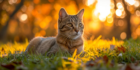 Charming tabby cat lying on green grass during golden sunset, with a dreamy bokeh backgroundの素材