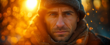 Close-up portrait of a pensive man wearing warm winter attire, illuminated by a golden sunsetの素材