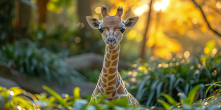 Adorable baby giraffe peering through lush greenery, bathed in warm sunset light, with a curious expressionの素材