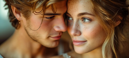 Close-up portrait of a young loving couple gazing into each other's eyes affectionatelyの素材