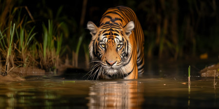A powerful Bengal tiger stalking prey in a jungle stream at nightの素材