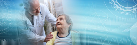 Male doctor supporting elderly woman in nursing home; panoramic bannerの写真素材