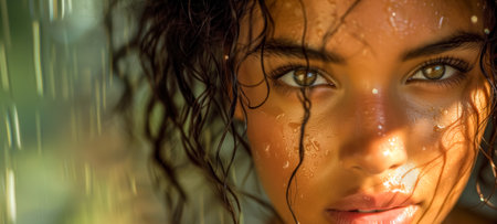 Close-up of a young woman with wet curly hair, illuminated by sunlight, looking intenseの素材
