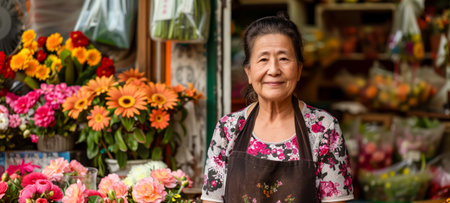 Smiling mature woman working as a florist in a flower shop filled with vibrant bloomsの素材
