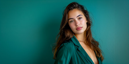 Beautiful young woman in green shirt posing against a teal backgroundの素材