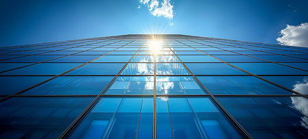 Upward view of a sleek, glass-covered skyscraper with sunlight beaming over its edge against a clear blue skyの素材