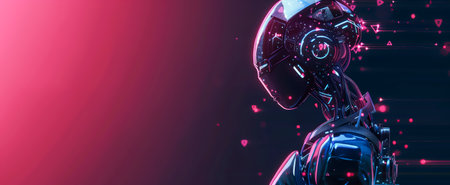 Advanced humanoid robot with neon lights on a dark backgroundの素材