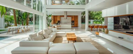 Elegant white-themed villa with open living spaces, large windows, and striking views of a vibrant tropical garden, showcasing a blend of modern design and natural beautyの素材
